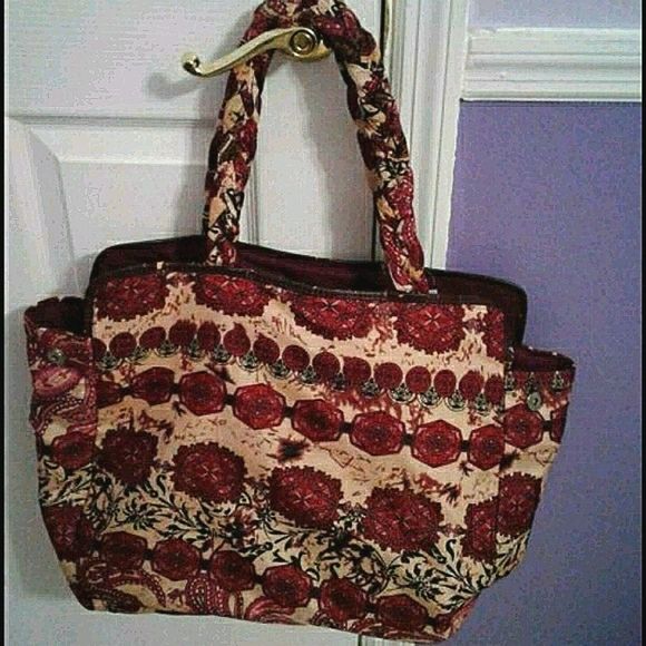 Beige & Crimson Red Boho Print Large Beach Weekend Tote Bag - Picture 2 of 10